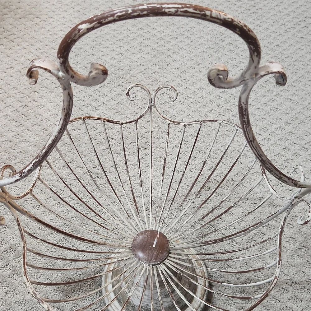 Shabby Chic Style French Metal Wire Basket Chippy Wooden Pedestal Planter